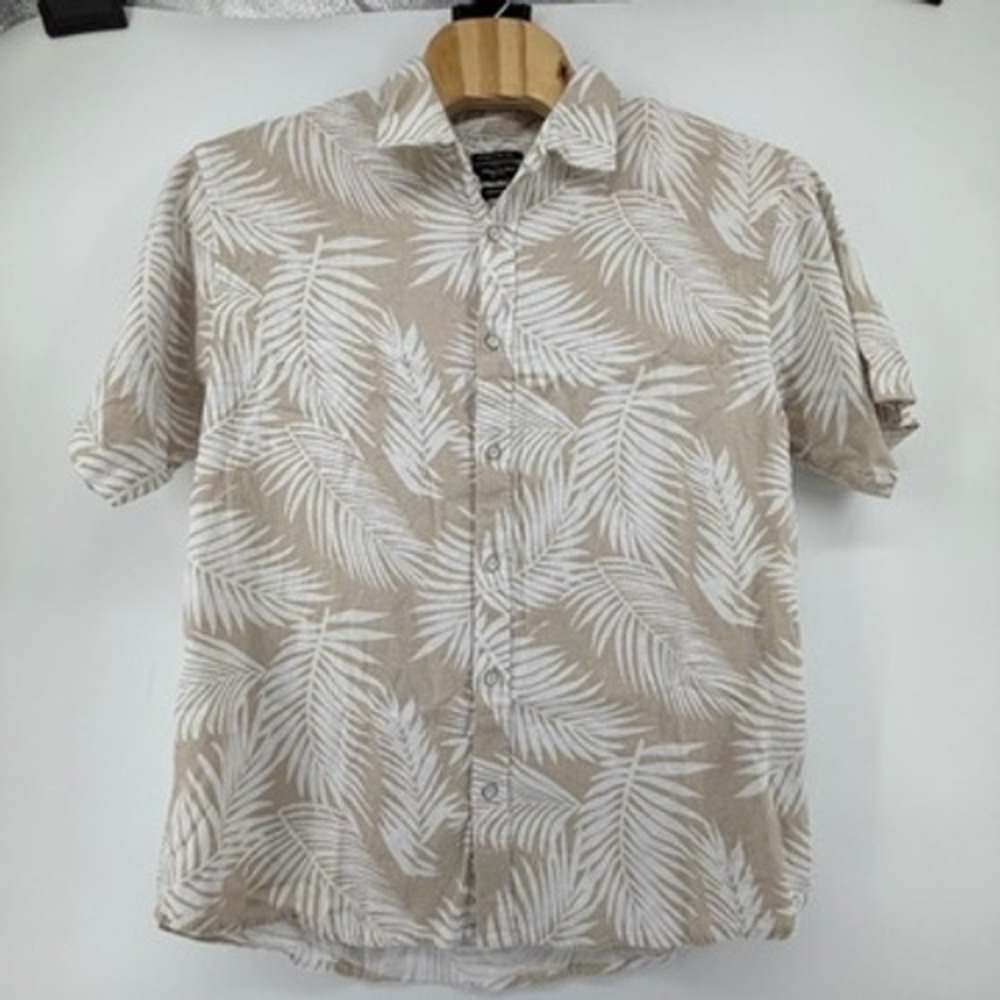 Kenneth Cole New York Mens 2X Tan White Palm Leaf Linen Blend Shirt KNXM05NN7T3 - Picture 2 of 8